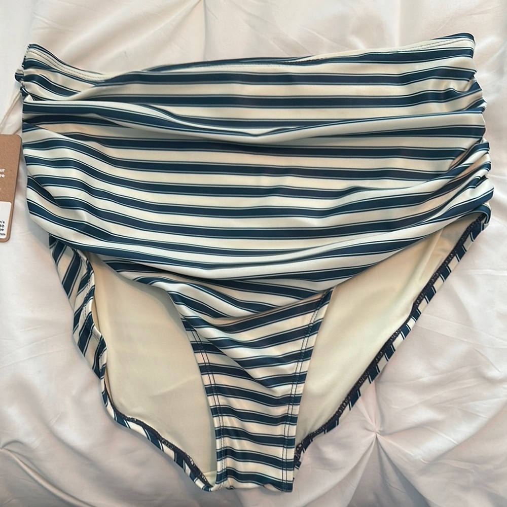 Blue and White High-Waisted Bikini with Ruching